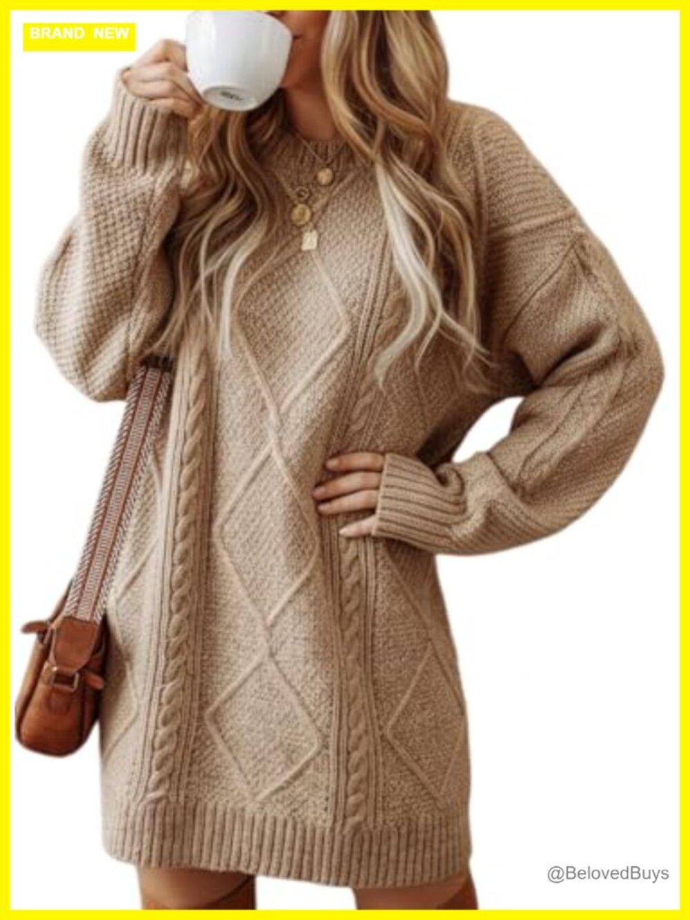 Cable Knit Sweater Dress Drop Shoulder Long Sleeve Crew Neck